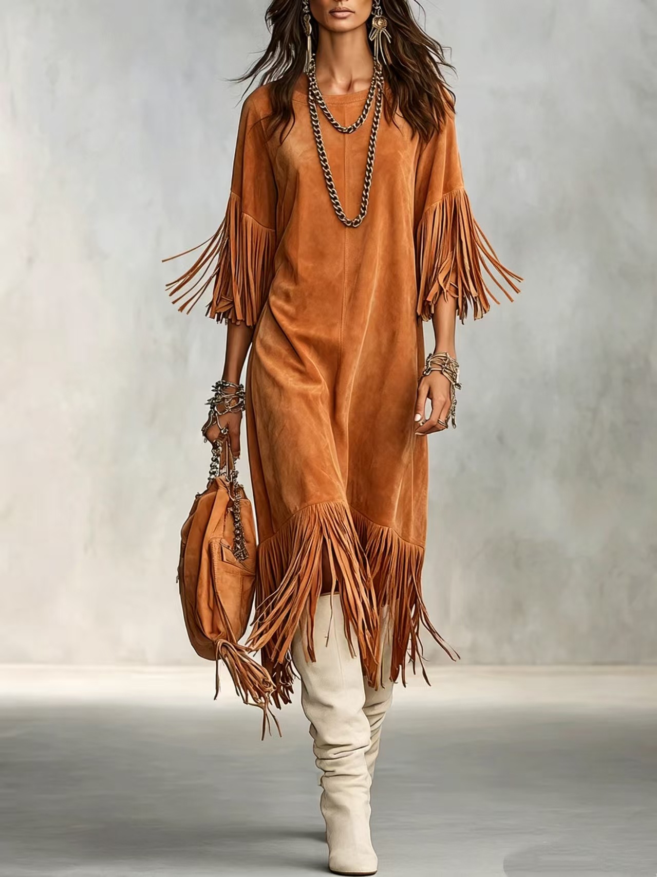 Bohemian Fringe Crewneck Drop Shoulder Dress
