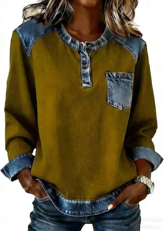 Faux Denim Patchwork Button Pocket Long Sleeve Crewneck Top