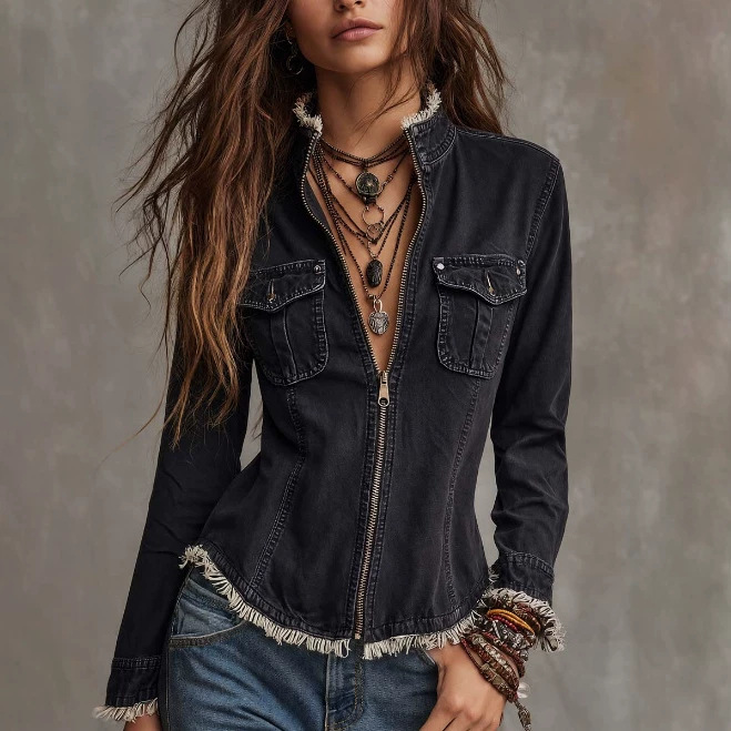 Women's Slim Fit Frayed Raw Hem Black Denim Jacket