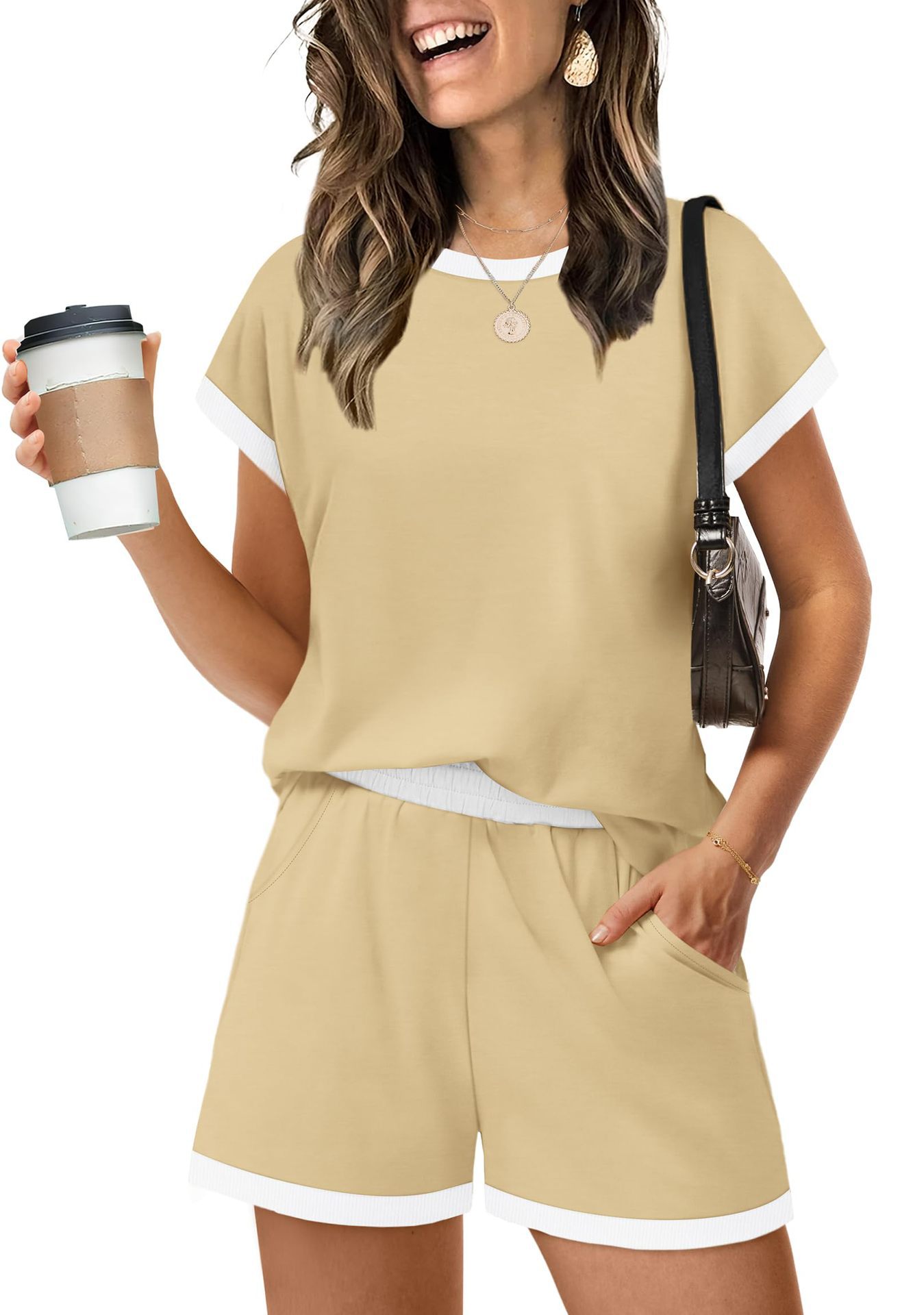 Women's Color-Block Striped Short-Sleeve Tee & Shorts Two-Piece Set