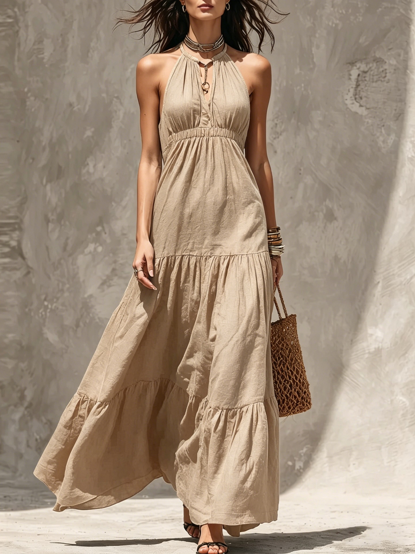 Women's Halter V-Neck A-Line Tiered Midi Dress