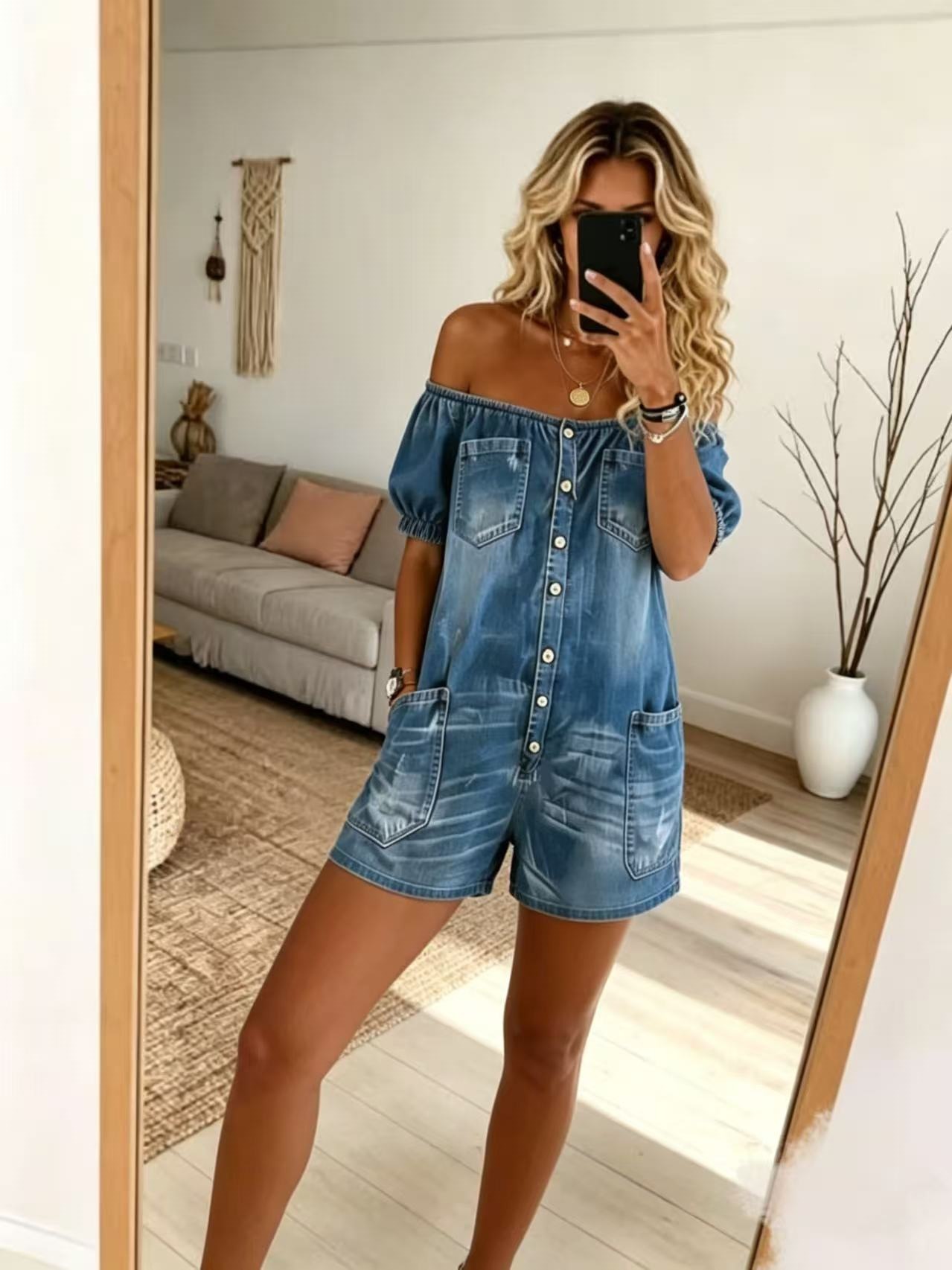 Women's Loose Vintage Denim Jumpsuit Straight Leg