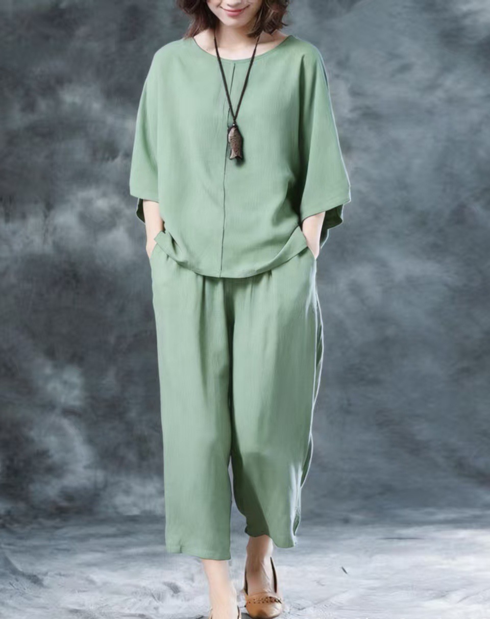 Women's Solid Color Short Sleeve Tee and Wide Leg Pants Set Plus Size