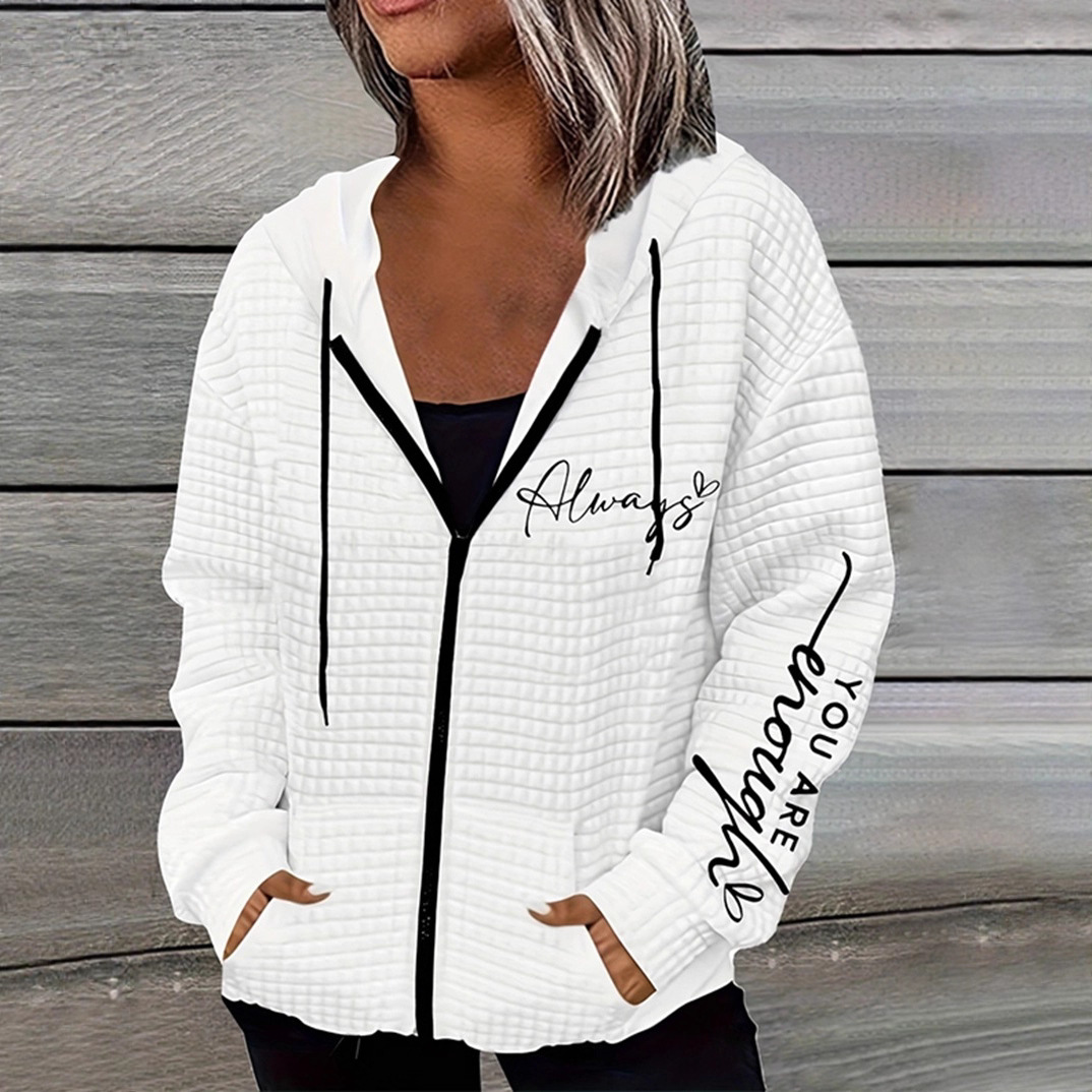 Letter Print Zip-Up Hooded Sweatshirt Jacket for Women