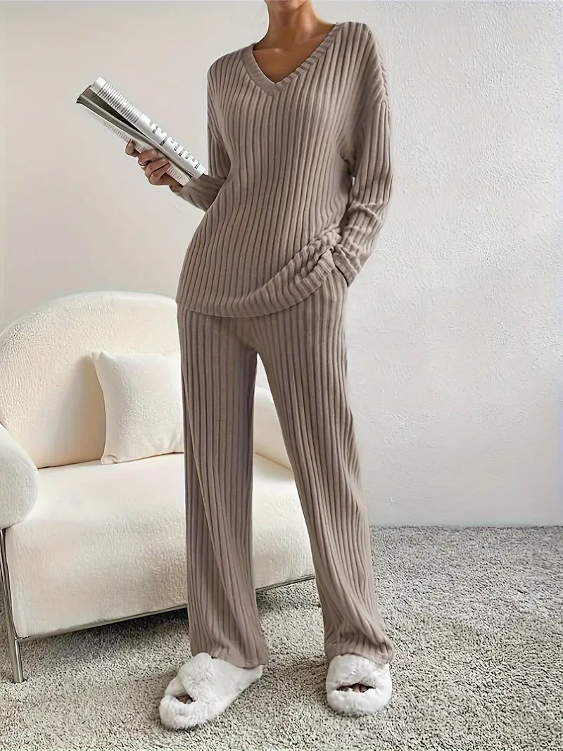 Women's Solid V-Neck Loose Top and Straight-Leg Pants Ribbed Two-Piece Set