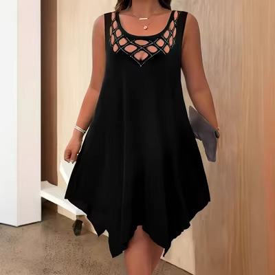 Women's Solid Color Hand-Sequin Cutout Sleeveless A-Line Midi Dress