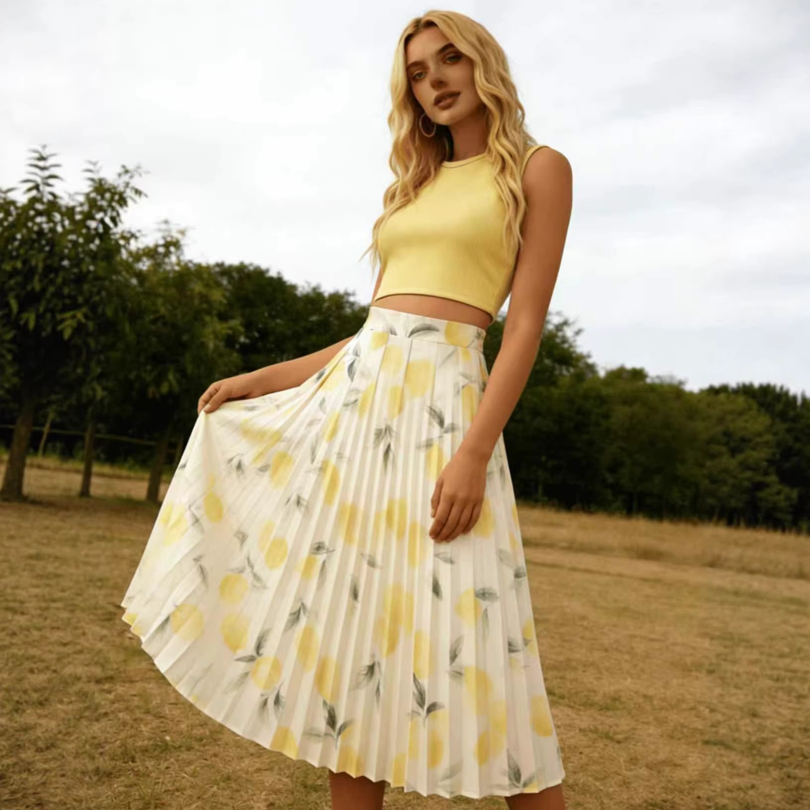 Lemon Print Sleeveless Tank Top and High-Waist Flared Midi Skirt Set