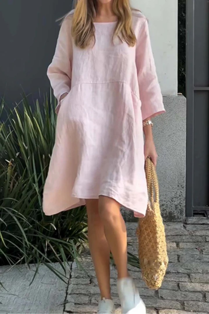 Women's Cute Solid Color Loose Casual Cotton Linen Dress with Pockets