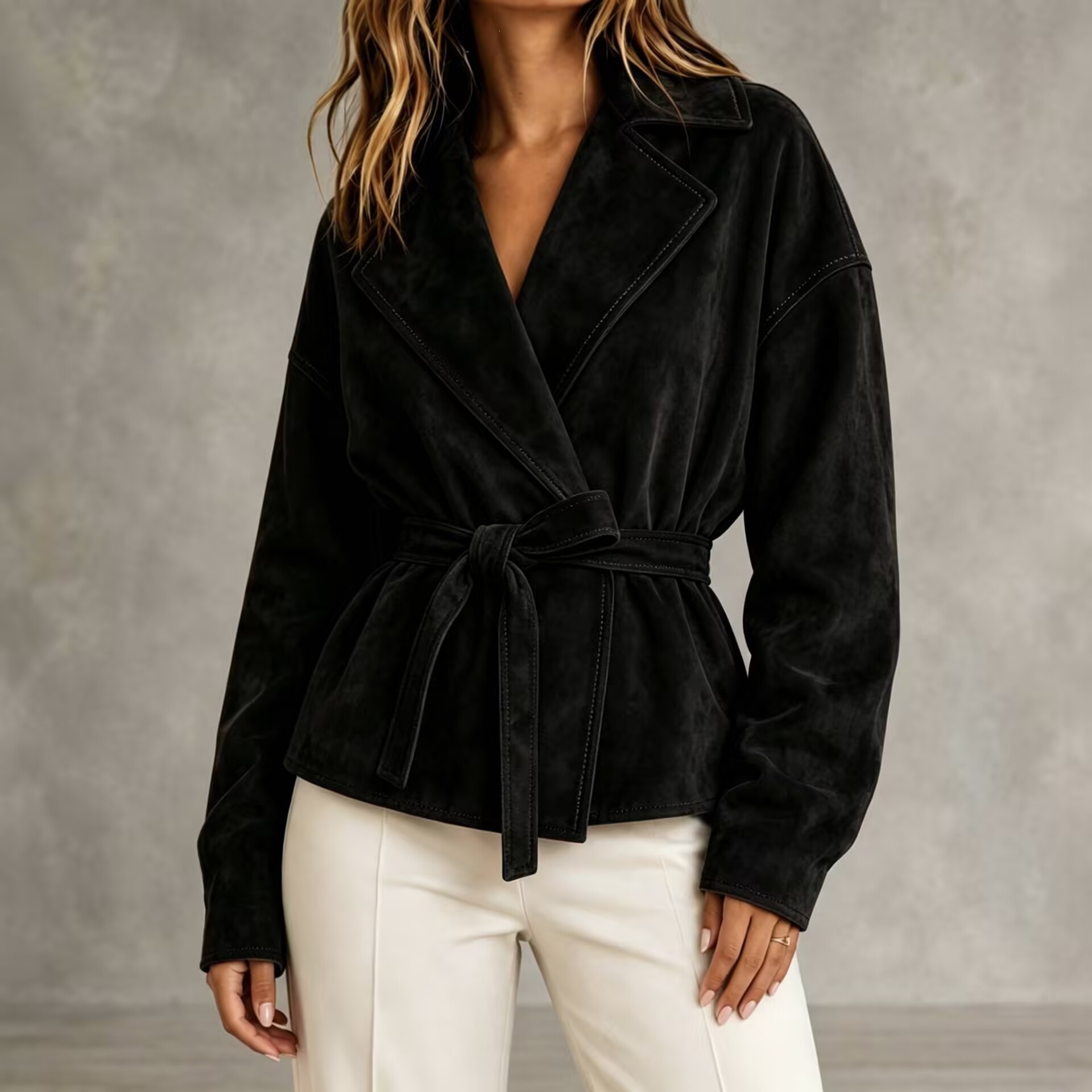 Faux Suede Belted Short Jacket with Lapel Collar