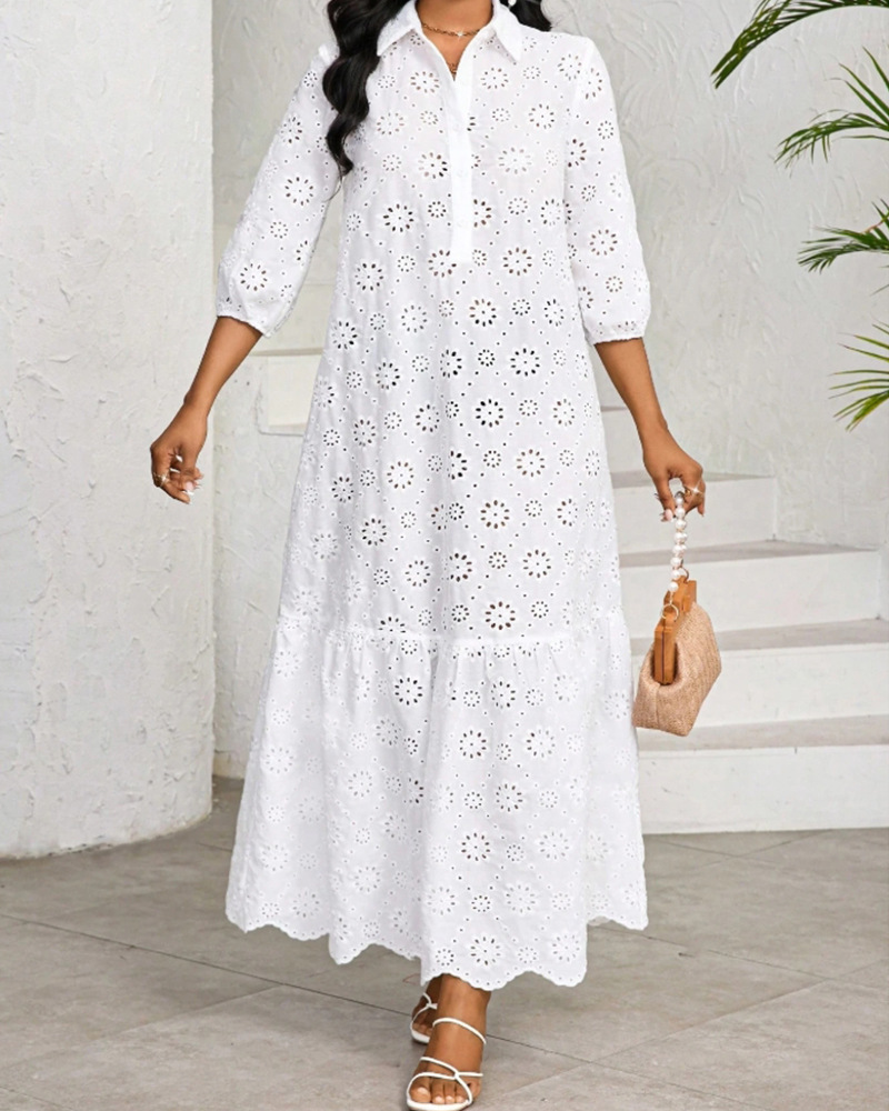 Women's Solid Color 3/4 Sleeve Loose Shirt Collar Hollow Out Lace A-Line Midi Dress