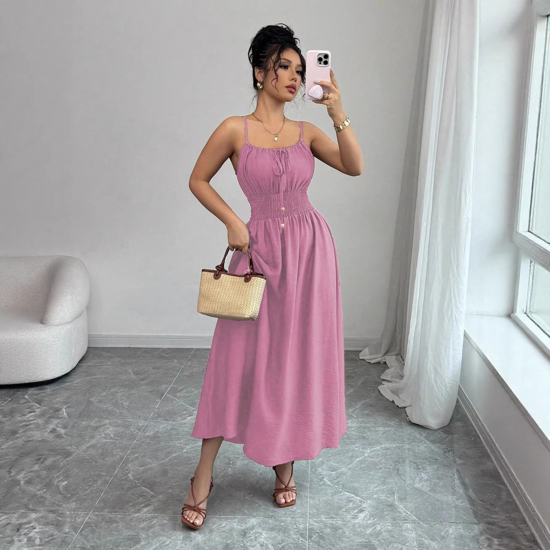 Women's Strapless Sleeveless Ruched Waist Solid Color Slip Dress