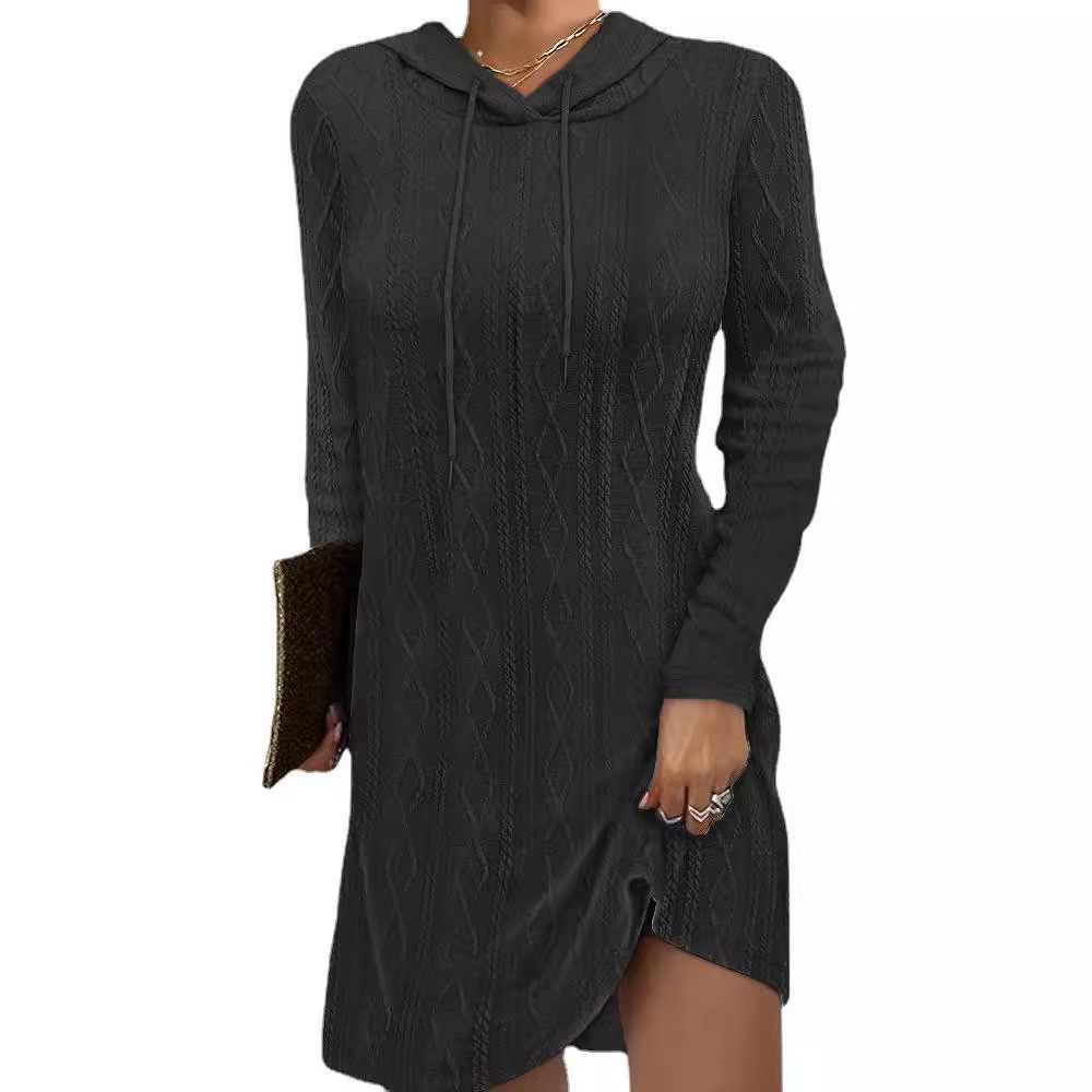 Solid Color Long Sleeve Hooded Knit Sweater Dress