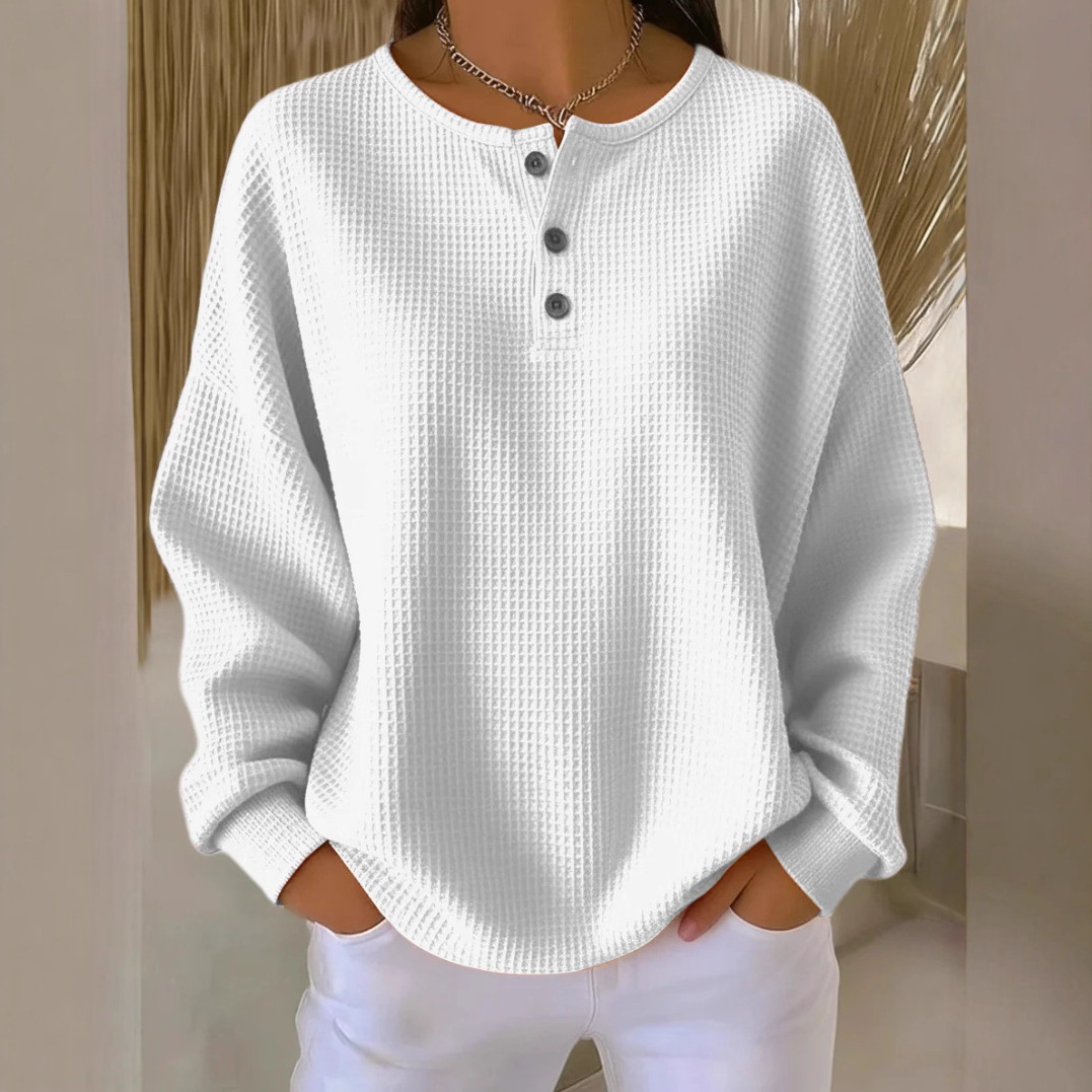 Waffle Knit Crewneck Pullover Loose Fit Solid Color Top