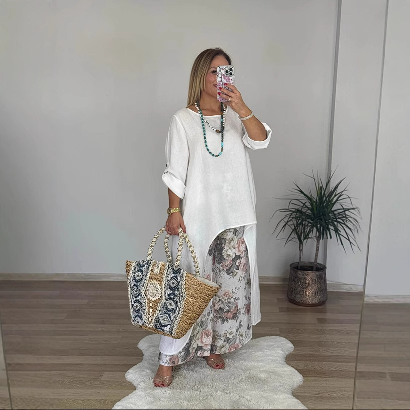 Women's Cotton Linen Asymmetric Top & Wide-Leg Pants Set
