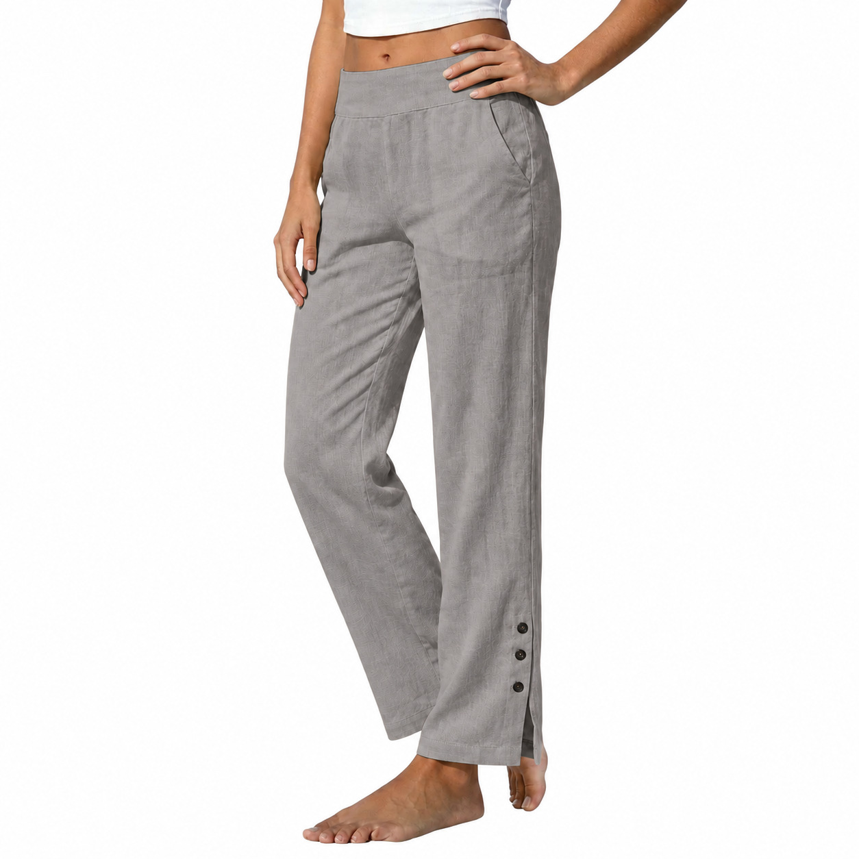 Women's Cotton Linen High Waist Wide Leg Pants with Side Slit Buttons