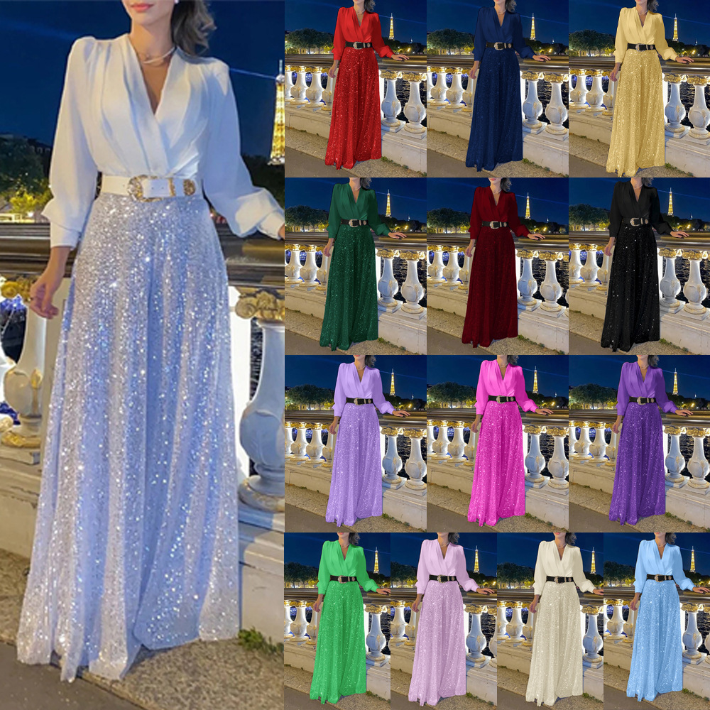 V-Neck Long Sleeve Sequin Shirt Dress with Belt