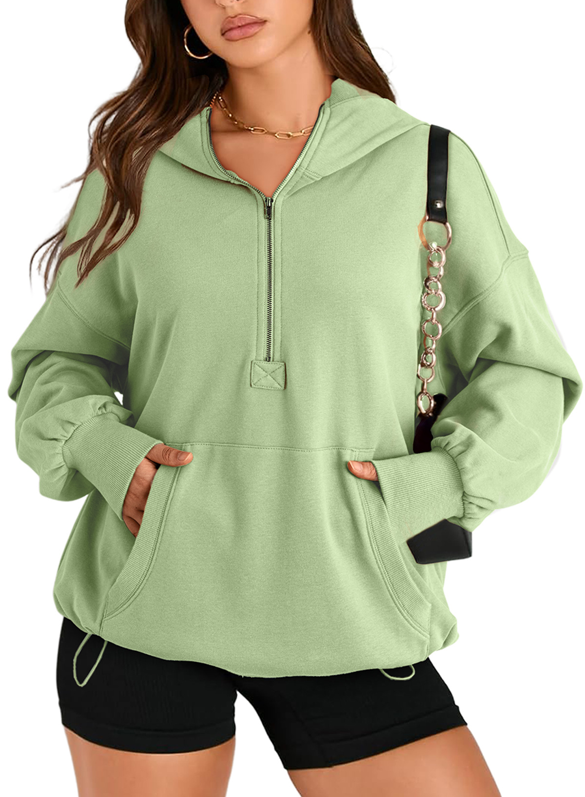Women's Solid Color Long Sleeve Hooded Zip Pocket Sweatshirt