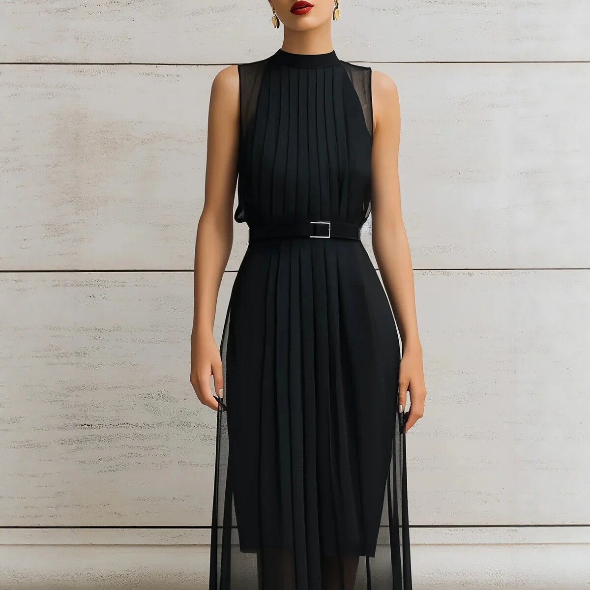 Black Sleeveless Pleated Waist Midi Dress