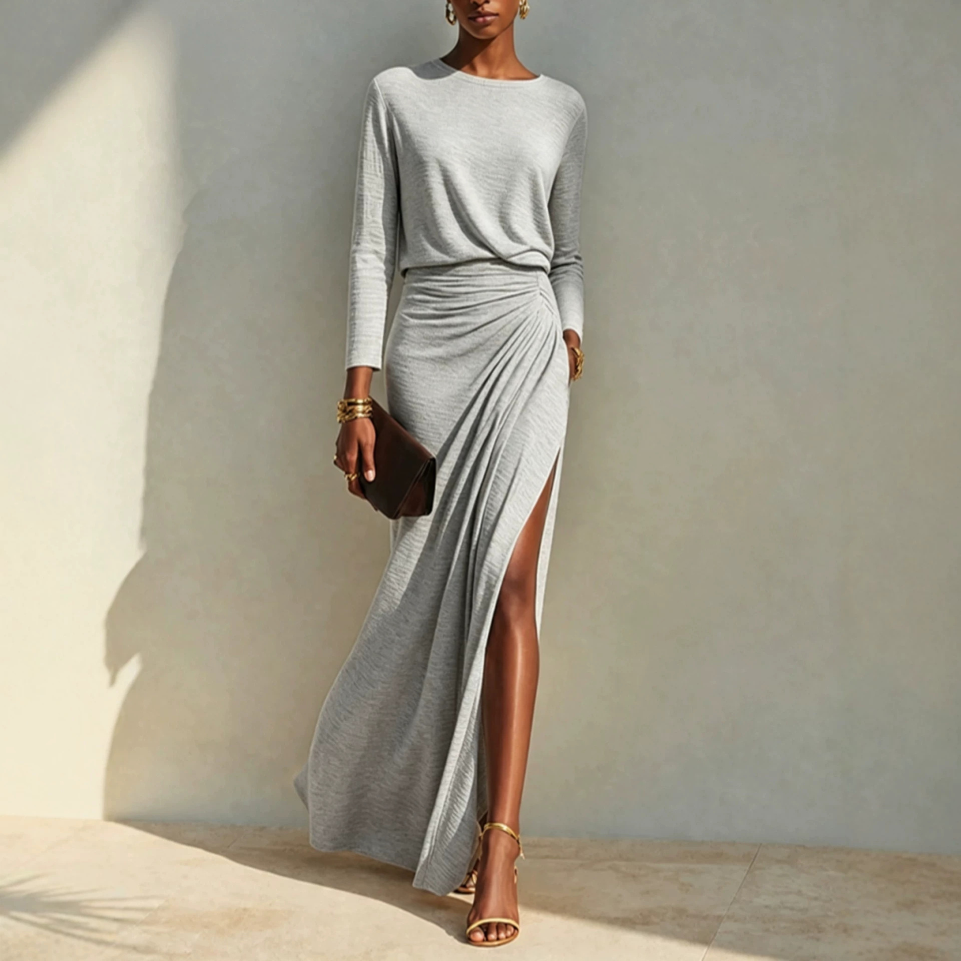 Elegant Long Sleeve Twist Waist Ruched Side Slit Party Evening Dress