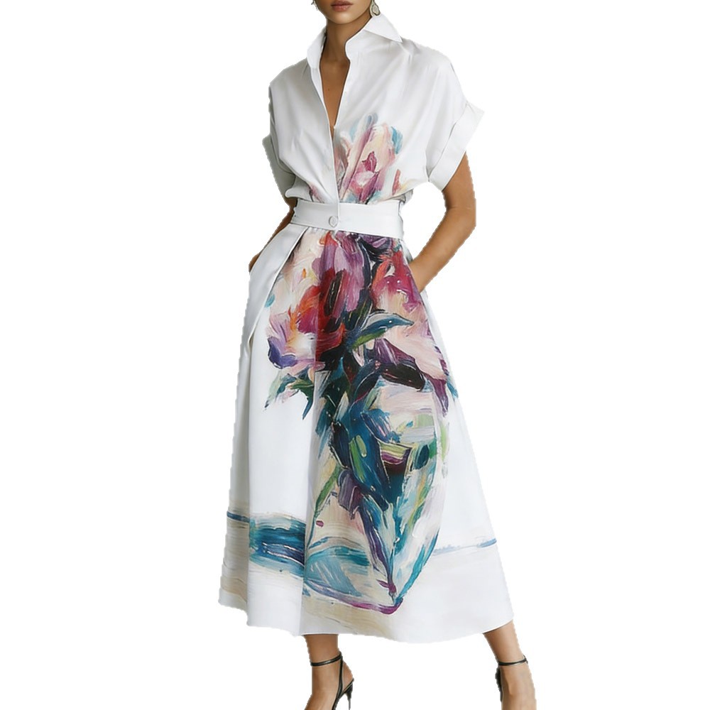 Women's Floral Print Long Shirt Dress Polo Collar A-Line Vacation