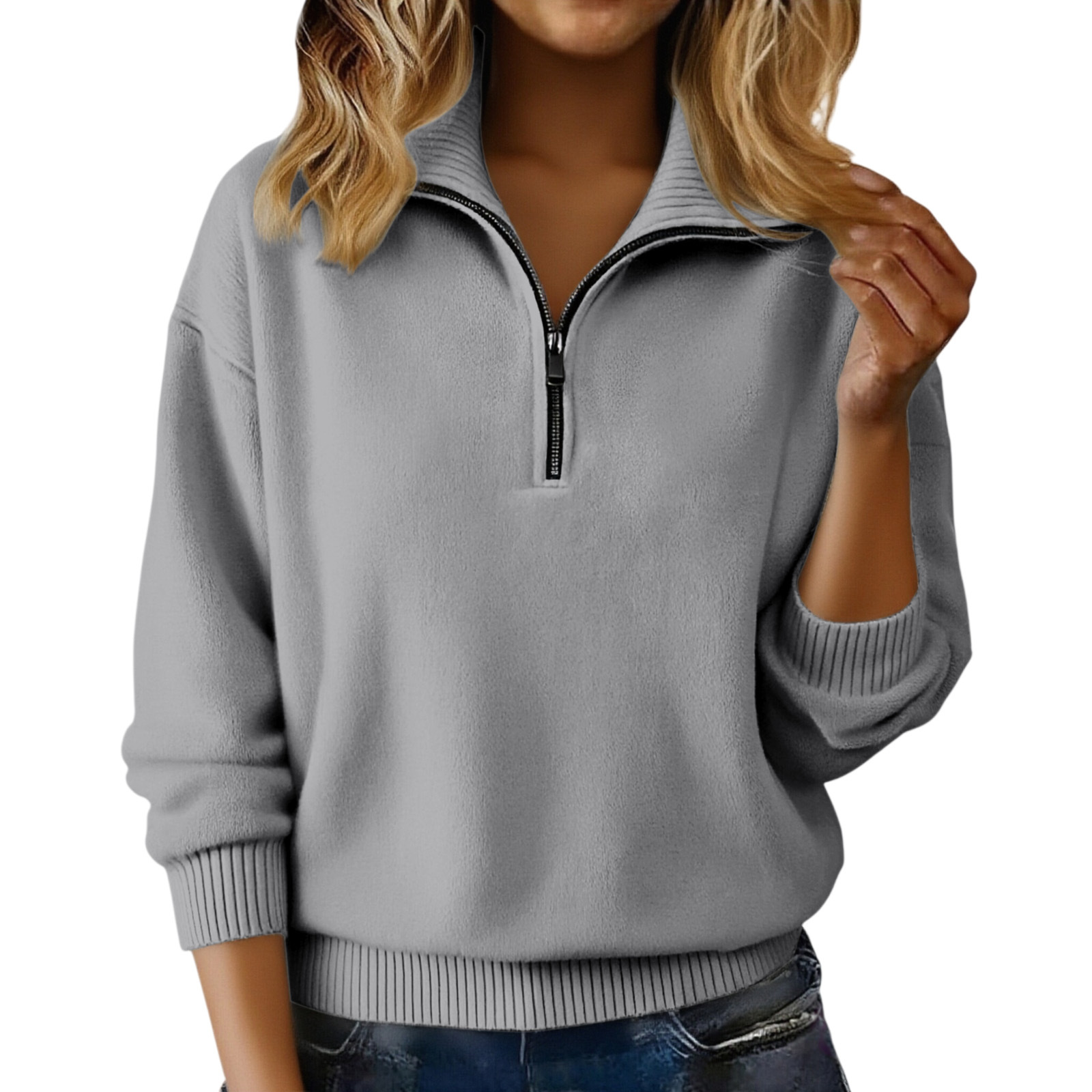 Women's Turtleneck Loose Fit Solid Color Zip Pullover Knit Sweater