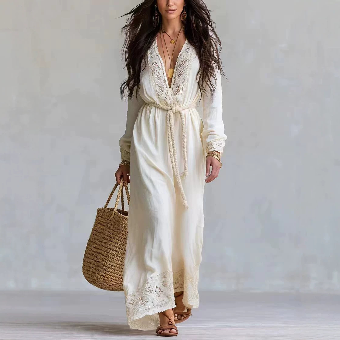 Bohemian V-Neck Lace Tie Long Dress