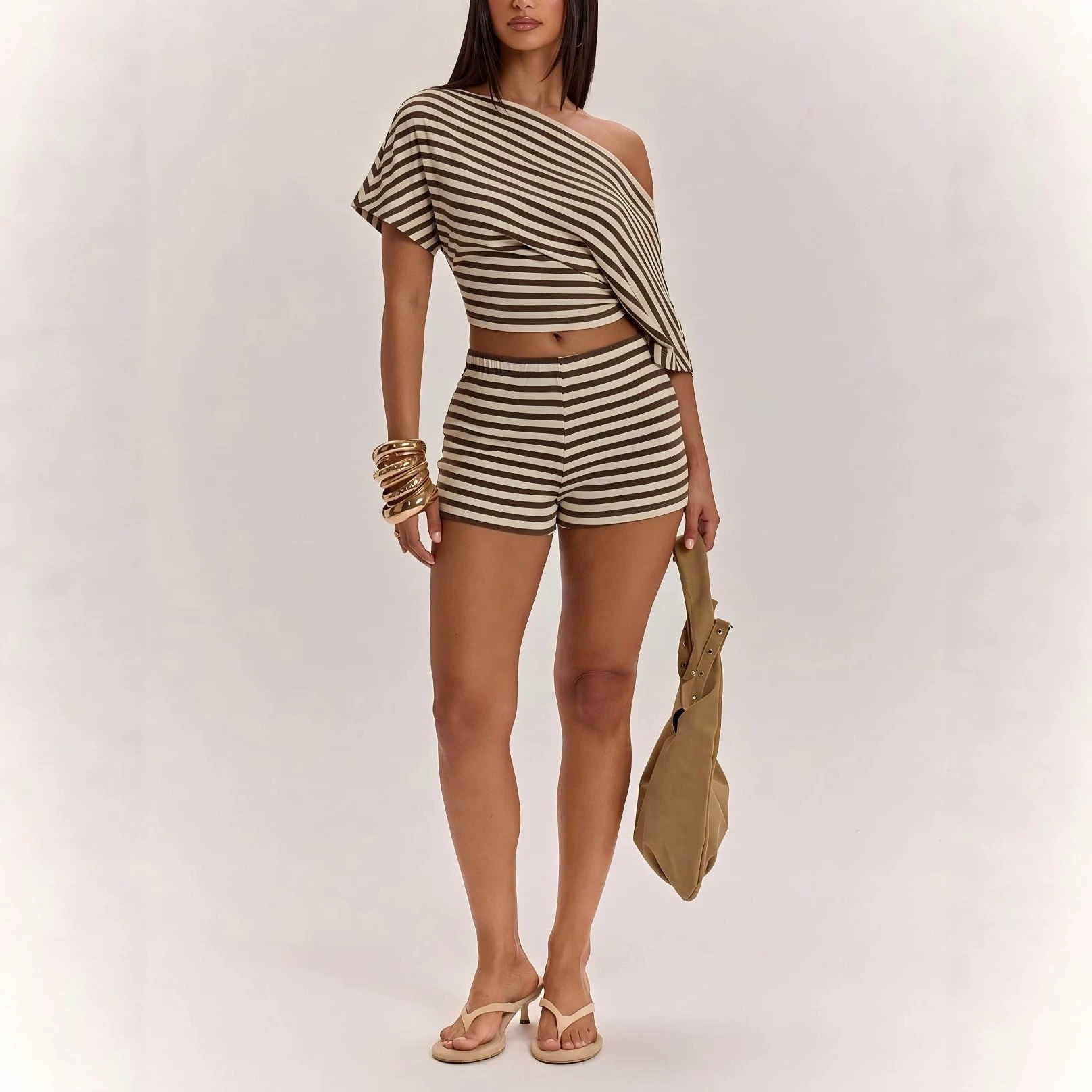 Striped One-Shoulder Short-Sleeve T-Shirt and High-Waist Shorts Set