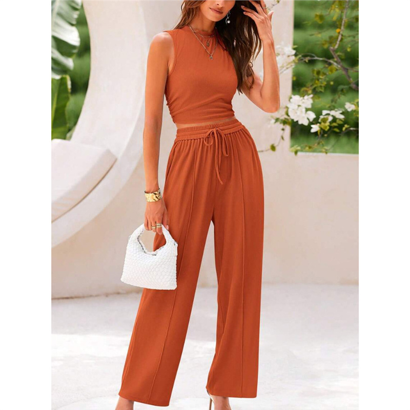 Sleeveless Knit Two-Piece Set with Fitted Top and Wide-Leg Pants