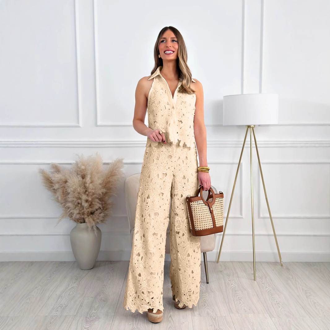French Embroidered Cutout V-Neck Tank Top and Wide-Leg Pants Set