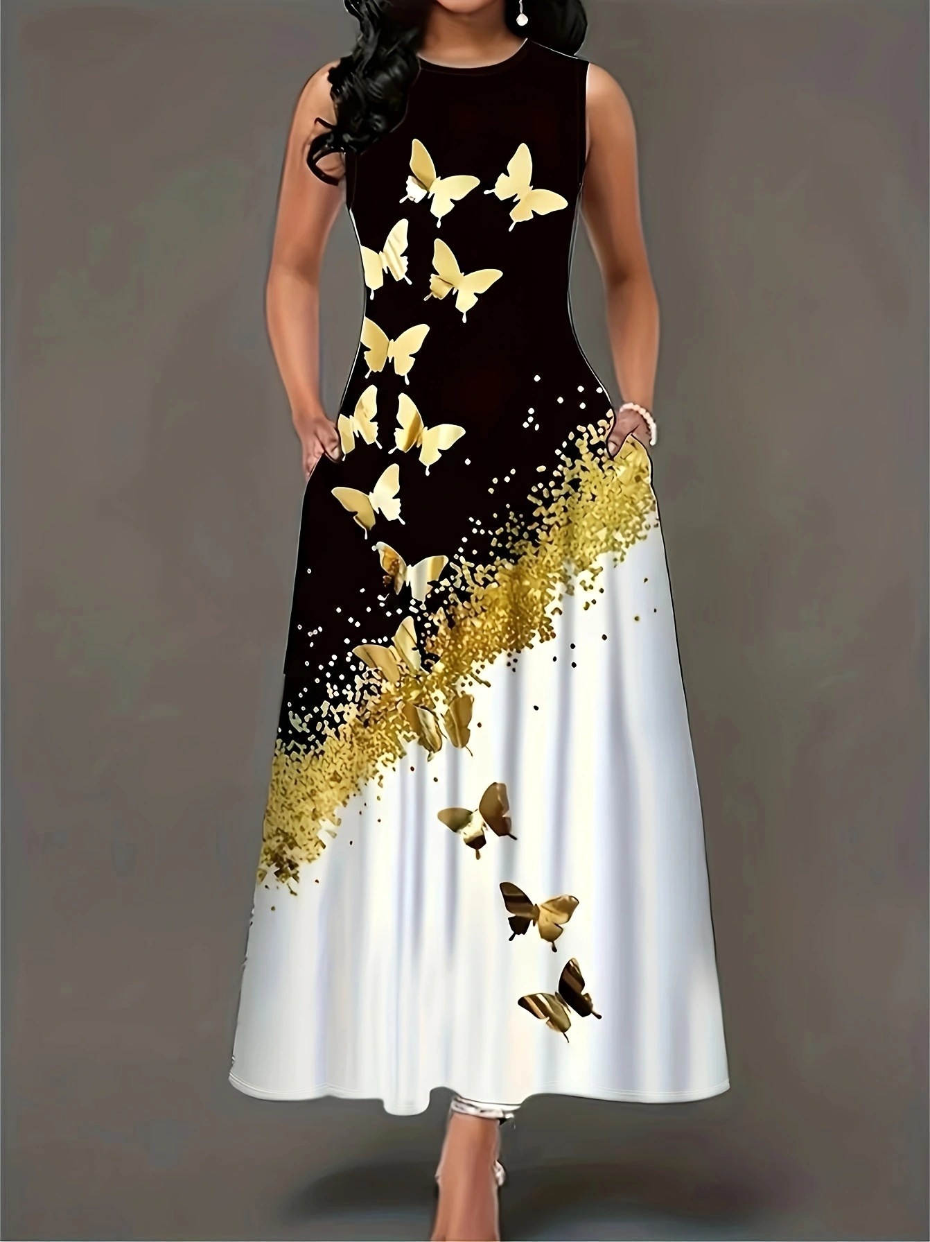 Butterfly Print Sleeveless A-Line Maxi Dress with Pockets
