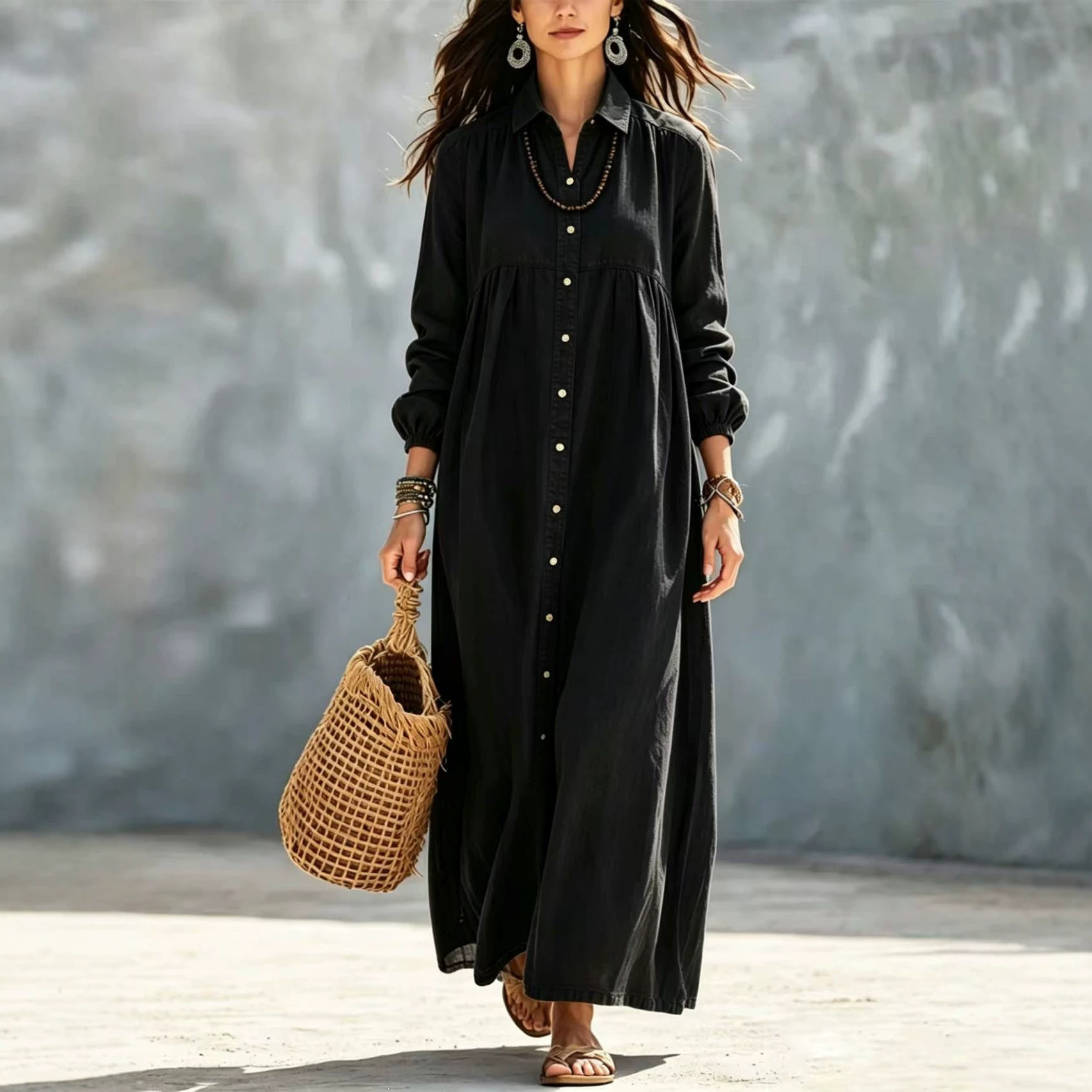 Solid Shirt Dress with Collar and Buttons Long Sleeve Loose Fit Midi