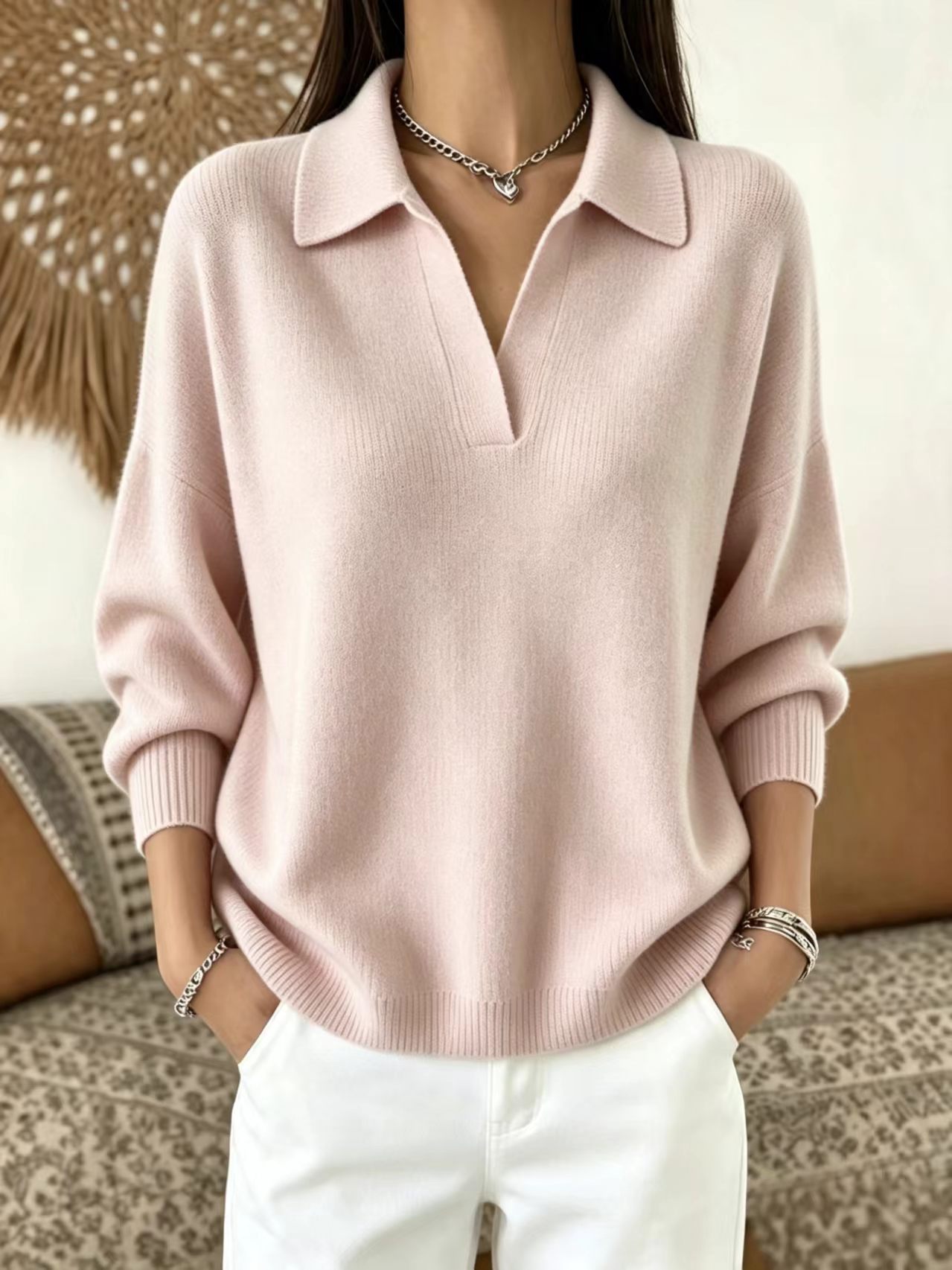 Polo Collar Knit Sweater Loose Fit V-Neck Pullover