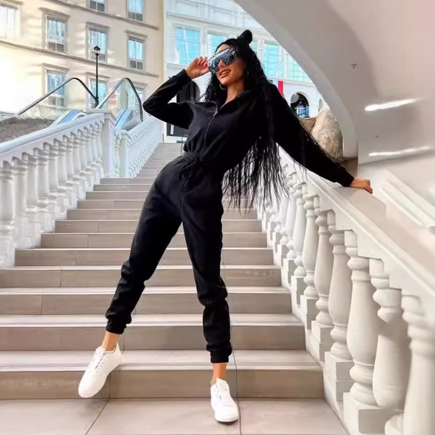Women's Casual Hooded Drawstring Jogger Jumpsuit with Pockets