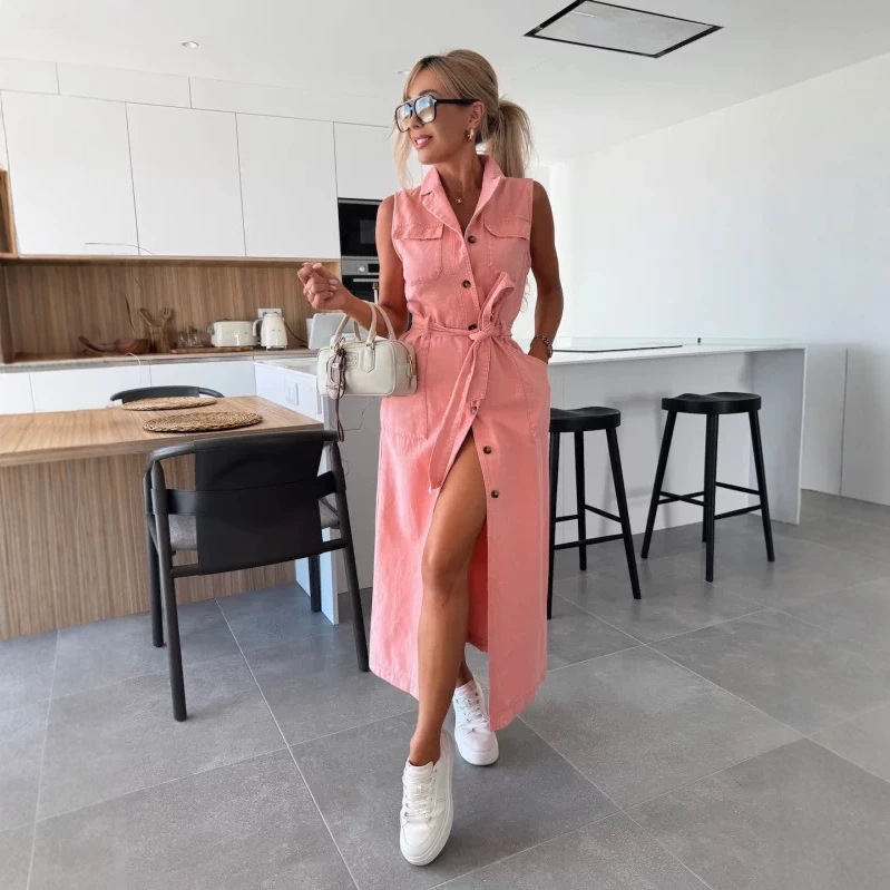 Sleeveless Long Belted Single-Breasted Denim Dress