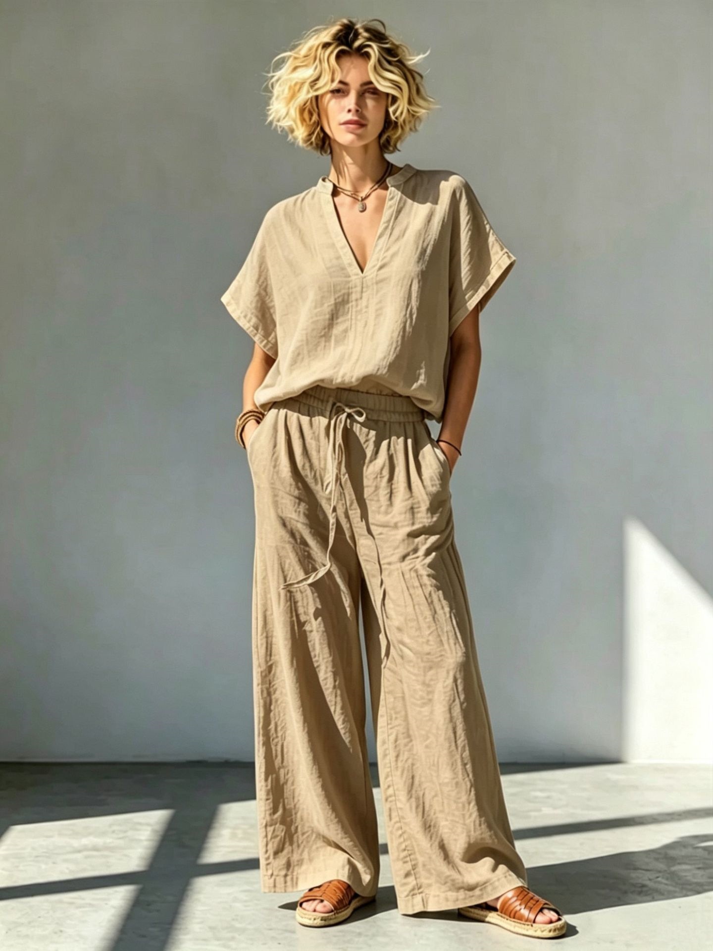 Women's Cotton-Linen V-Neck Short-Sleeve Shirt & Wide-Leg Pants Set