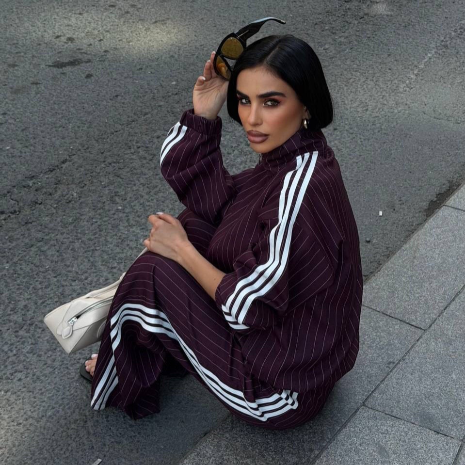 Women's Striped Three-Stripe Track Set with Zip-Up Stand Collar Jacket and High-Waist Wide-Leg Pants