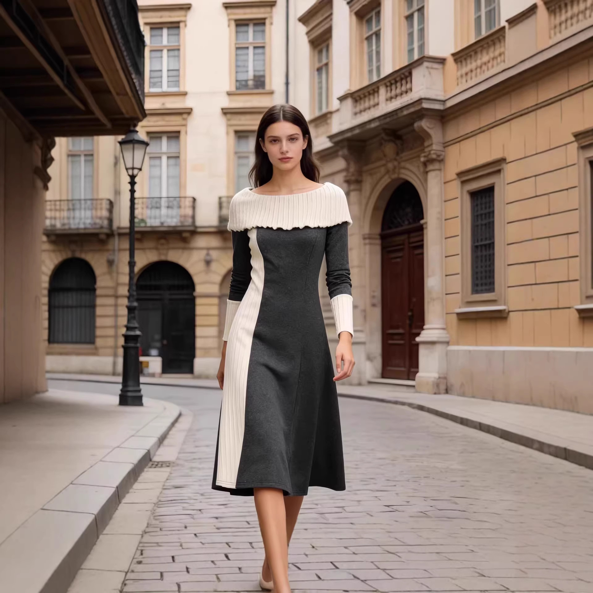 Elegant Color-Block Knit Dress with Fold-Over Neckline and Long Sleeves