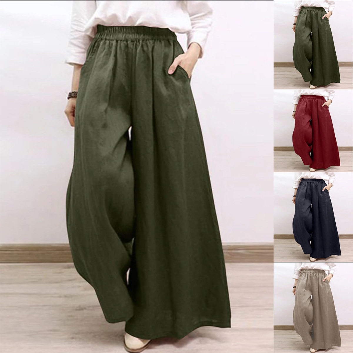 Women's Solid Cotton-Blend Wide-Leg Casual Pants