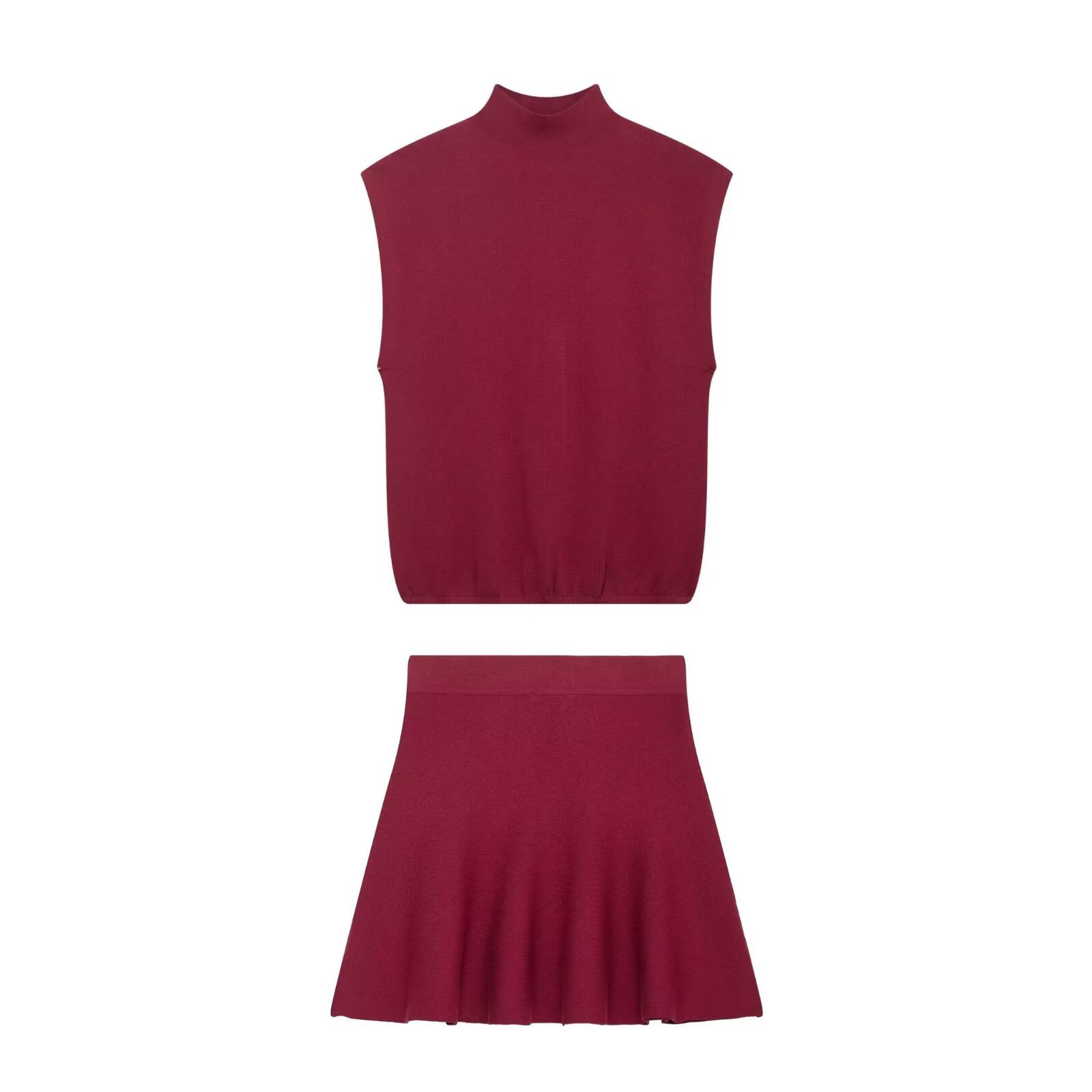 Wine Red Sleeveless Knit Top and Skirt Set