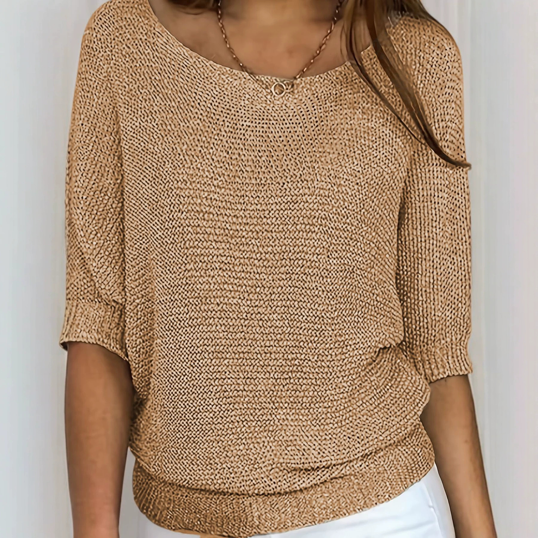 Women's Solid Boat Neck Knit Top Half Sleeve Loose Fit