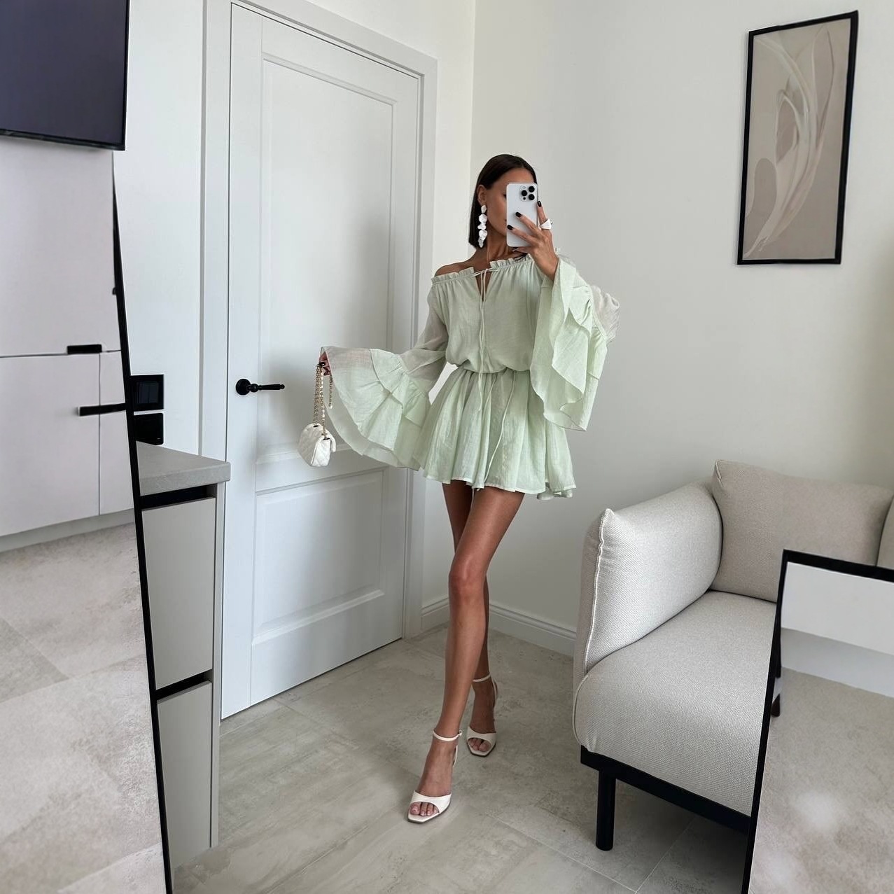 Off-Shoulder Bell-Sleeve Waist-Cinched A-Line Short Dress