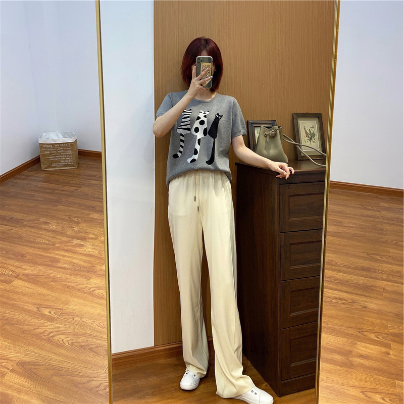 Women's Wide-Leg High-Waist Ice Silk Pants Straight-Leg Petite-Friendly