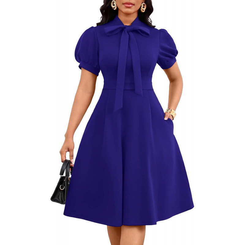 Women's Puff Sleeve Midi Dress A-Line Tie-Neck