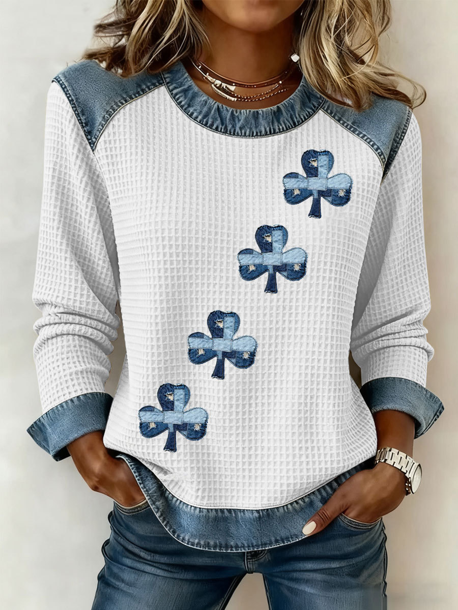 3D Print Denim Collar Waffle Knit Pullover Sweatshirt Women's Loose Fit