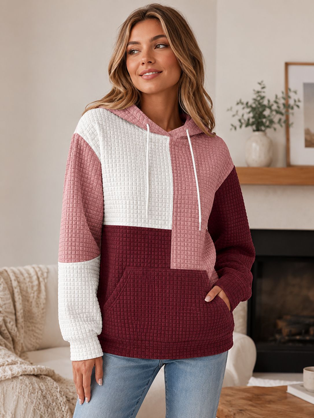 Plus Size Colorblock Waffle Knit Hoodie Women's Pullover