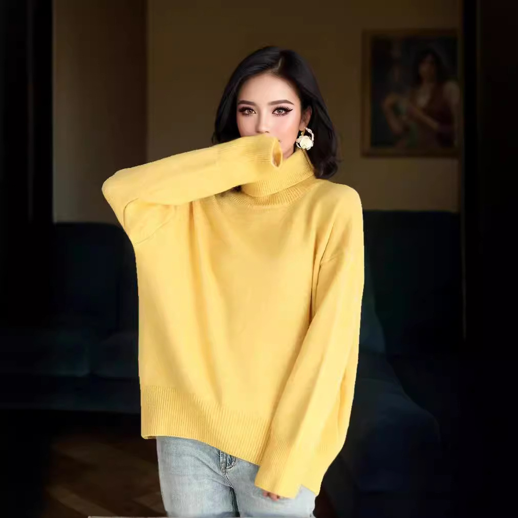 Women's Multi-Color Ribbed Turtleneck Knit Sweater Loose Lazy Style