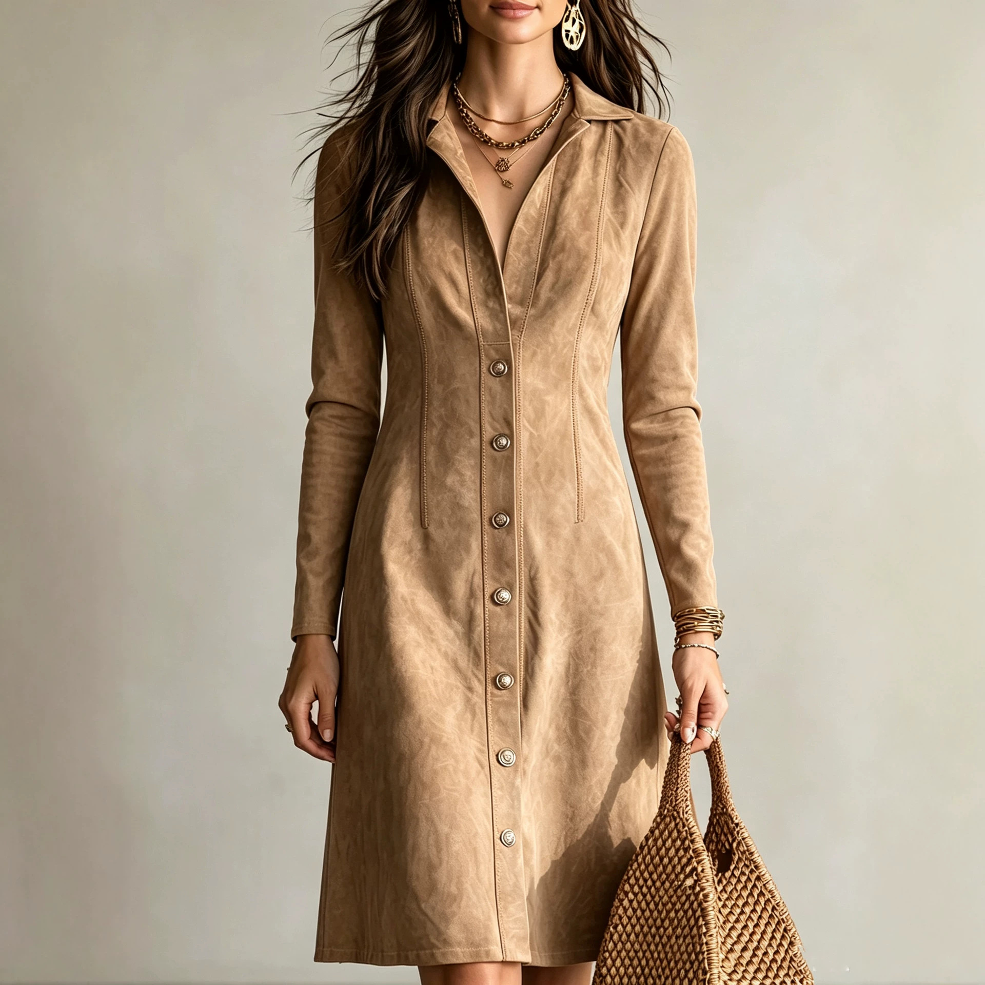 Faux Suede Button-Front Slim Fit Long Sleeve Midi Dress