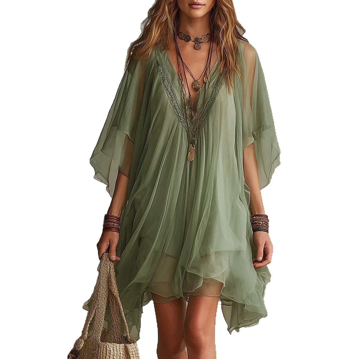 Women's V-Neck Chiffon 2-Piece Dress Set with Sheer Cover-Up