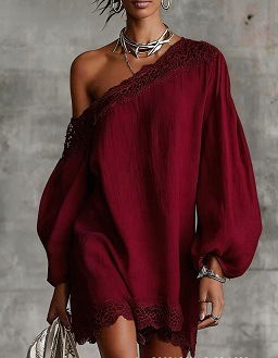 Women's Summer One-Shoulder Lace Trim Short Sleeve Casual Dress