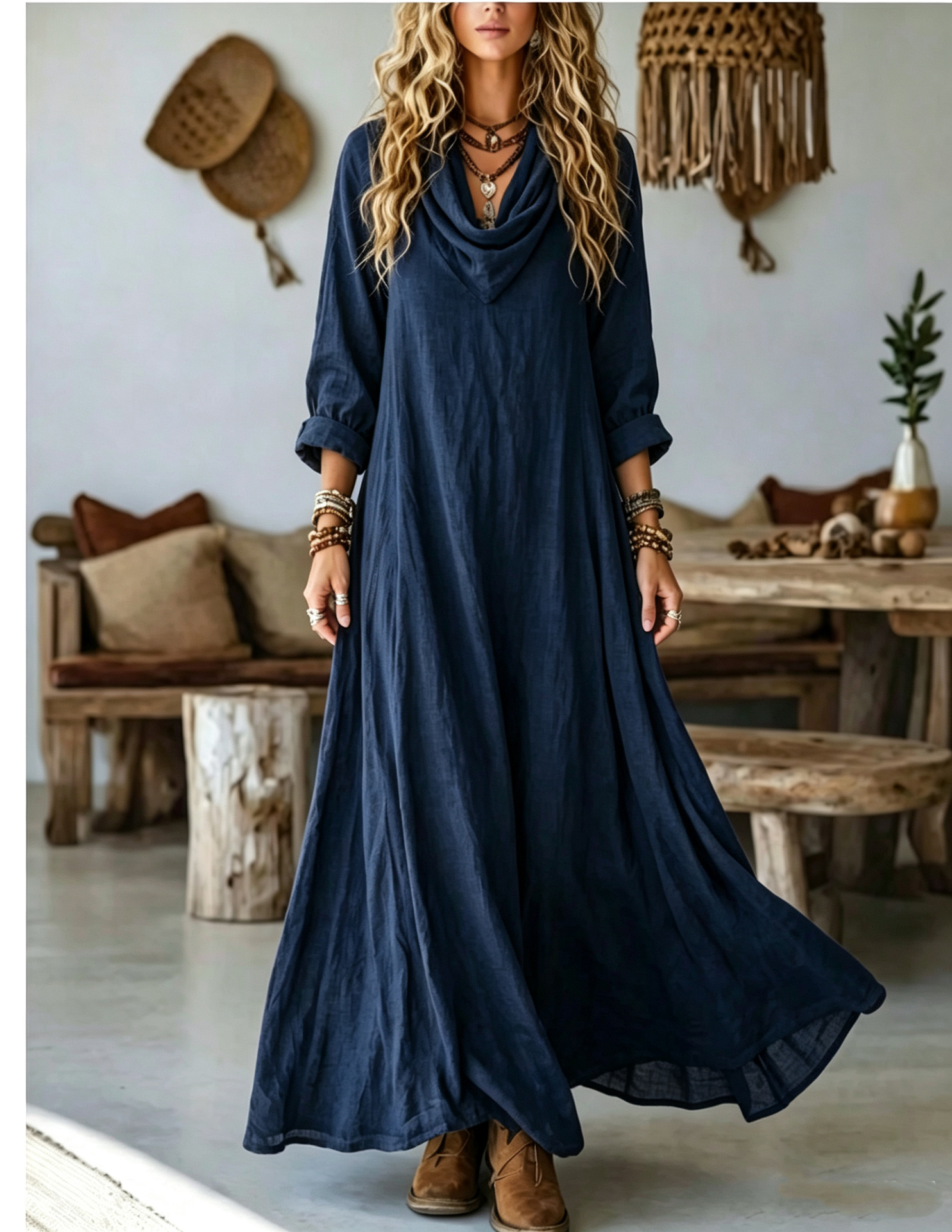 Women's Elegant Bohemian Textured Solid Color Long Sleeve Cowl Neck Wide Hem Maxi Dress